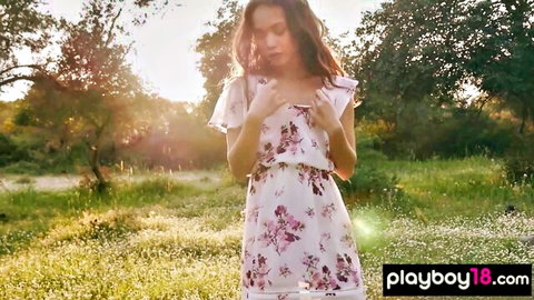 Petite Filipino teen Kit Rysha posing in floral dress outdoors for Playboy