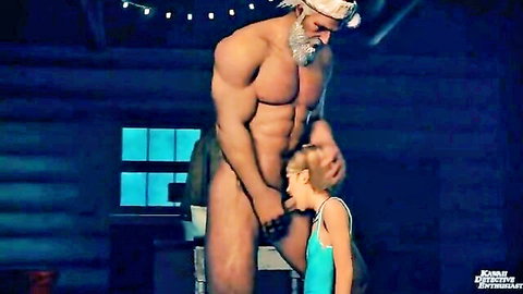Muscular bearded daddy guiding young blonde girl's head to his cock in Last of Us hentai