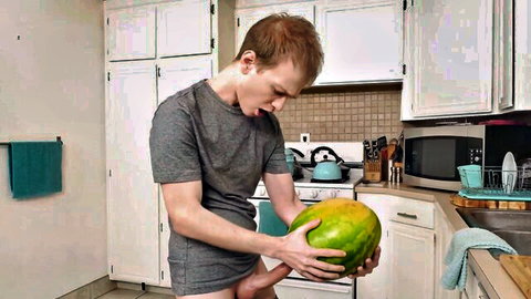 Step-brother caught holding watermelon over erection in kitchen surprise
