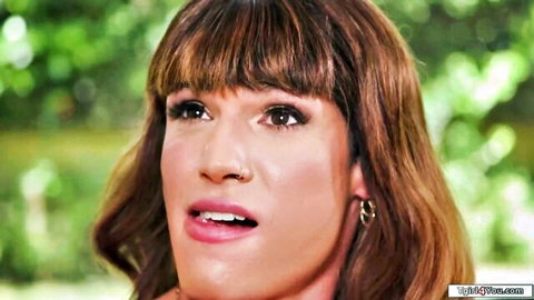 Kasey Kei as shemale boss with open mouth in outdoor blowjob scene