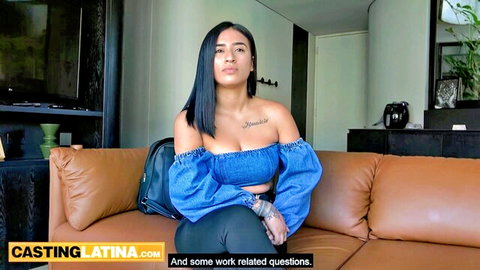Amateur Latina Seven Heaven in off-shoulder blue top, tattooed beauty