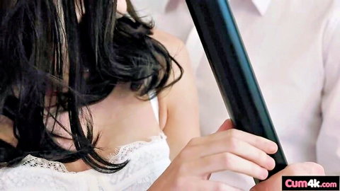 Asian beauty in white lace bra teasing huge black dildo between her cleavage