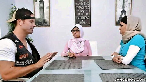 Julianna Vega and Mia Khalifa in hijab FFM threesome with muscular stud