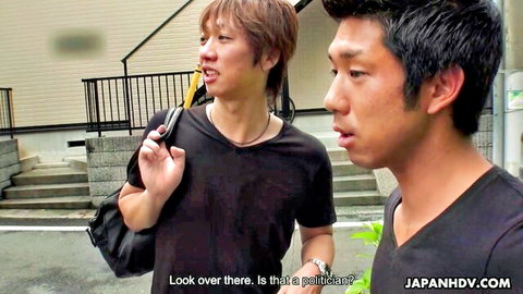 Two Japanese men spotting politician in Kisa Azumane news announcer JAV