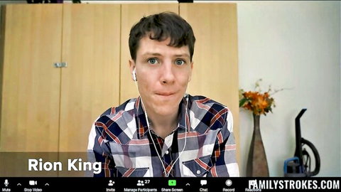 Lexi Grey in casual plaid shirt on video call with Karen Fisher, mature horny sharing scene