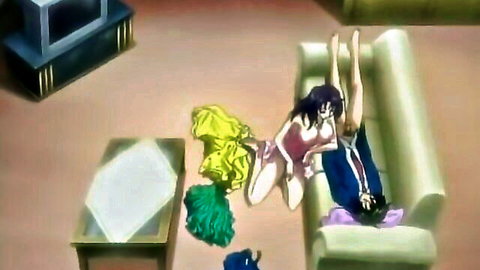 Anime aunt in revealing dress rides virgin nephew on couch