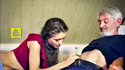 Petite brunette nubile intimately services elderly bearded man
