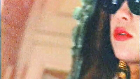 Seductive brunette with red lips and sunglasses in retro 1990 porn Night Trips 2