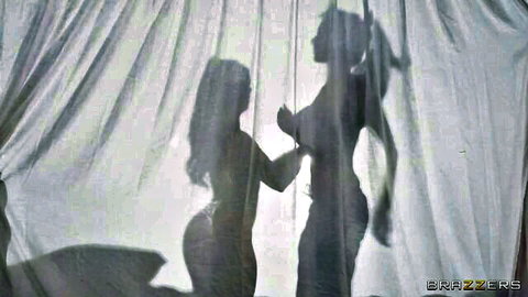 Sinatra and Ariana silhouette embrace behind sheer curtain in Brazzers oral trailer
