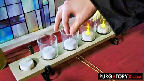 Chloe Amour in seductive priest scene lighting candles, PurgatoryX