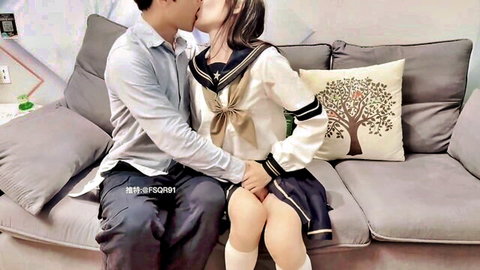 Asian couple kissing passionately, girl in sexy school uniform