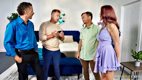 Monique Alexander in purple dress with three men in steamy Brazzers setup