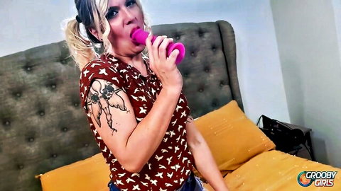 Milli Quinzel blonde trans babe sucking pink dildo in Grooby Girls