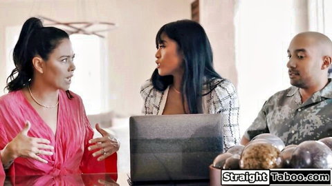 Petite busty Asian wedding planner discusses plans with busty Asian bride and Black groom