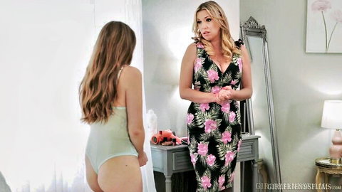 Penelope Kay in skimpy white bodysuit teases blonde MILF in floral dress