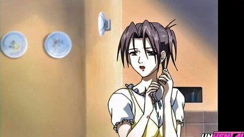 Anime MILF in frilly blouse and yellow dress, adjusting hair in kitchen