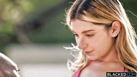 Coco Lovelock in pink bikini, blonde with freckles, interracial outdoor tease