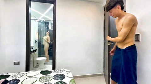 Muscular man in towel watches thick booty Latina nude in shower mirror