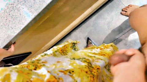 Chinese amateur wife in yellow floral dress giving handjob in hotel POV