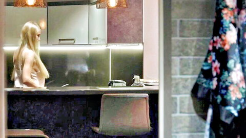 Blonde European Stella Cardo at vanity, morning solo tease