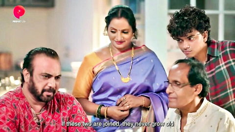 Busty Indian bhabhi in saree with men in erotic Hindi web series