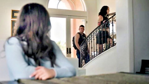 Charlotte Sins spies on Dante Colle and sultry brunette in short dress upstairs