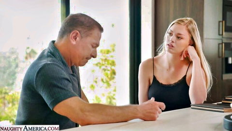 Slender blonde teen in tank top chats with older man before morning sex