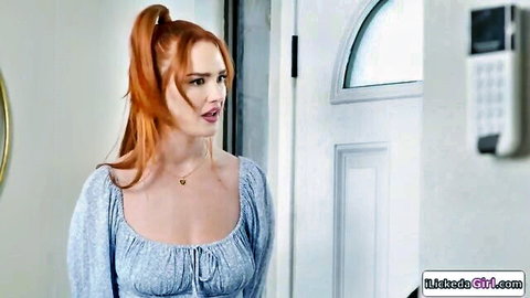 Redhead big tits stepmom in off-shoulder blue dress at door