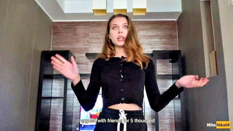 MihaNika69 in black crop top, hands out, teasing step-brother anal creampie