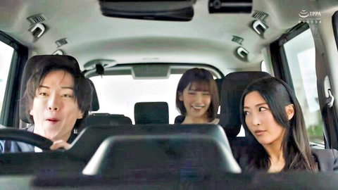Emiri Momota and co-stars in uncensored JAV car ride, smiling Asian women in back seat