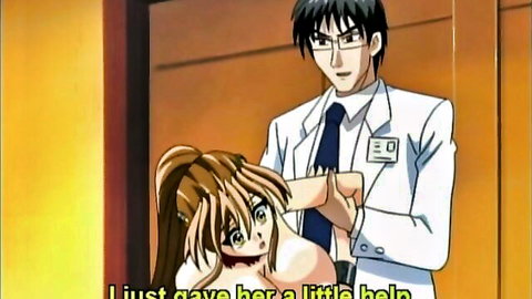 Busty anime shemale in lab coat assisted by doctor, big tits exposed