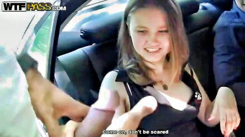 Smiling teen college girl in car teases cock, don't be scared