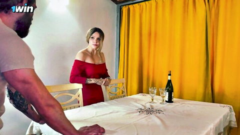 Blonde stepmom PCNGL420 in red dress seduces tattooed stepson at dinner