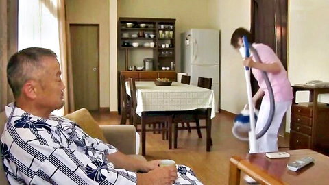 Japanese nurse maid bends over vacuuming in short skirt teasing man