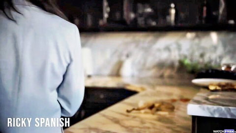 Pristine Edge in white blazer teasing Ricky Spanish in kitchen