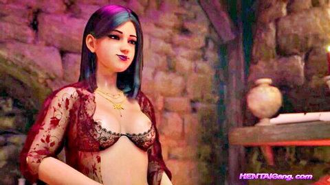 Purple-haired futa in red lace lingerie, 3D hentai animation tease