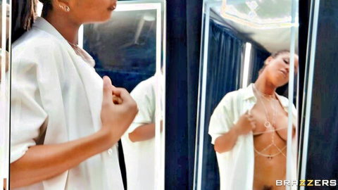 Kira Noir topless in open white shirt and body chain, sexy mirror reflection