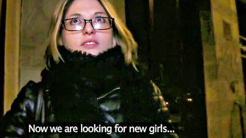 Blonde French woman in fur-trimmed leather jacket looks for new girls in public pickup scene