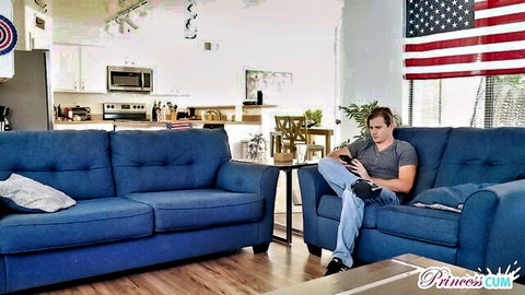 Alyx Star seducing hot young stud on couch in steamy porn teaser