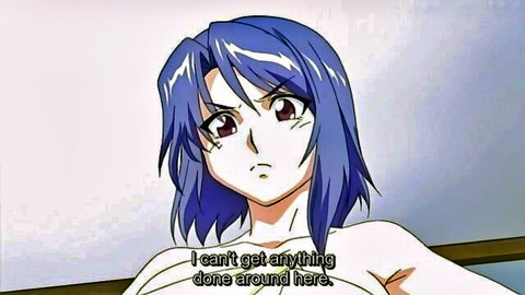 Blue-haired anime milf topless and frustrated in hentai scene
