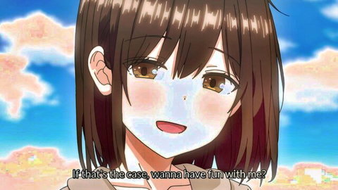 Brown-haired hentai babe in bikini invites fun for creampie hotel romp