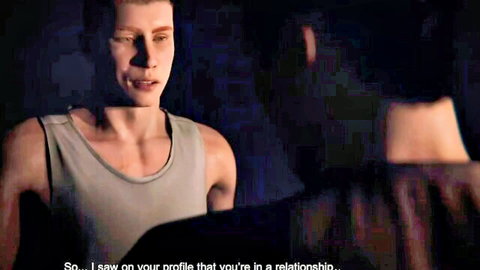 Muscular gay hunk in tank top faces partner in dim light during intimate relationship talk