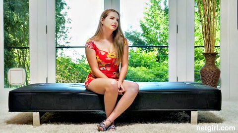 Nikki in sexy red floral dress, blonde beauty posing seductively