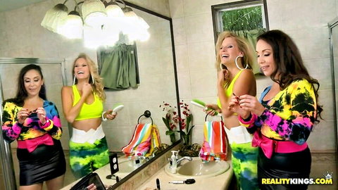 Busty MILFs Jewell Marcean and friends in colorful outfits with toys