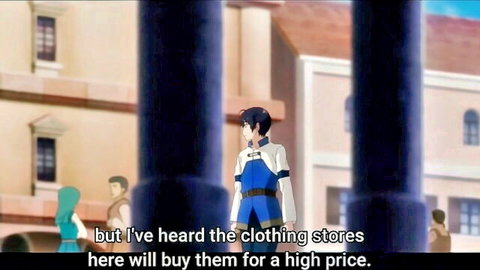 Anime fantasy scene of blue-haired warrior talking to cloaked slave trader in market