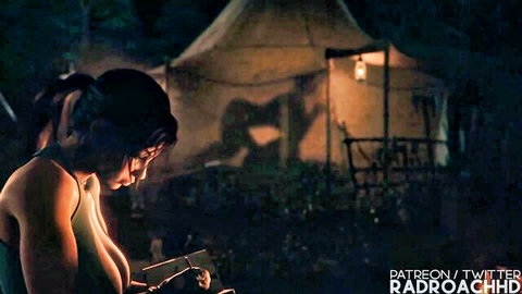Muscular 3D hentai babe with huge bare tits gripping pistol by tent at night
