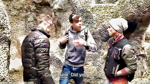 Jack Harrer & Joaquin Arrenas in outdoor gay threesome chat, casual clothes
