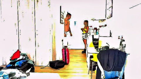 Hotel mix-up: nude man in shared room with woman in shorts and top, scattered luggage