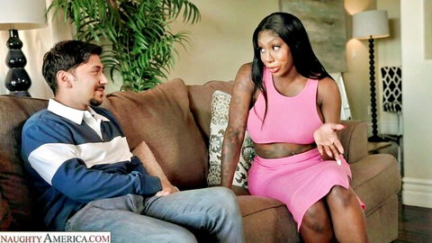 Sensual ebony MILF in pink dress chats with man before wild interracial sex