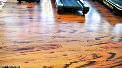 Gym floor tease for rough ride on thick-lipped beauty's massive ass, orgasmic squeals
